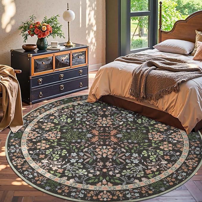 jinchan Zenith Round Rug 8ft Area Rug Soft 8'Round Vintage Floral Rug Non-Slip - Image 4