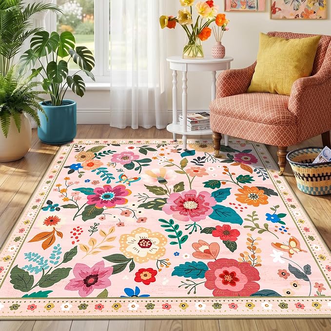 RELEANY Floral Square 4ft Area Rugs Washable Print Boho Cute Carpet Non Slip - Image 6