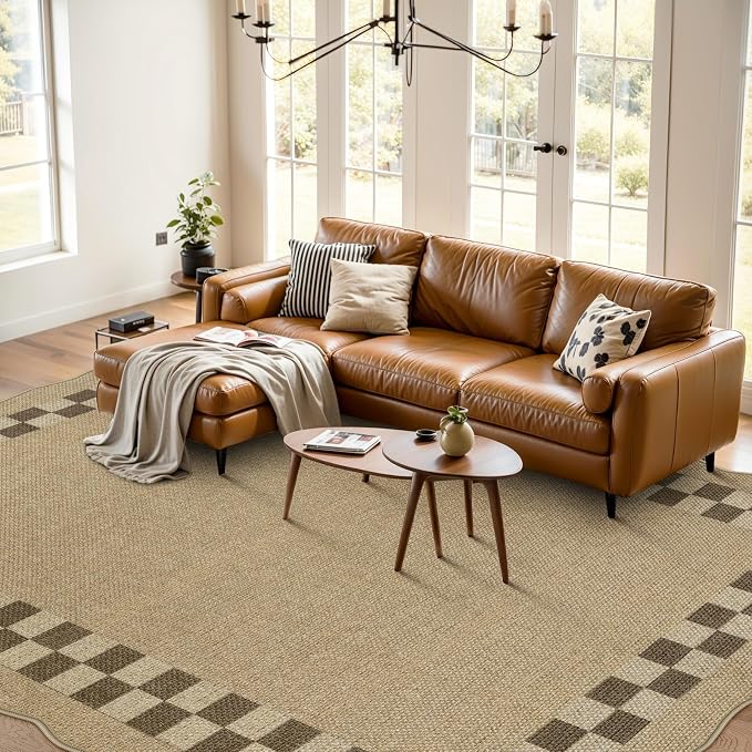 LIVEBOX Scalloped Easy Jute Checkered 8x10 Outdoor Rug, Washable Farmhouse Tan - Image 9