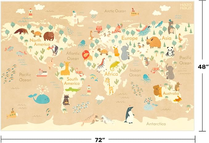 Kids Bedroom Rug with World Map & Animals – 4x6 Educational Washable Play Mat - Image 2