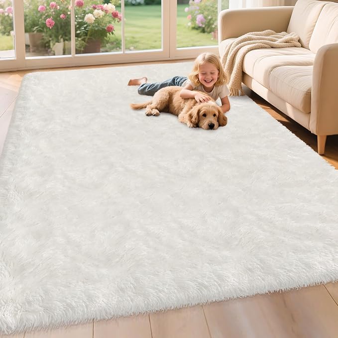 Fluffy White Area Rug for Living Room Bedroom Large Plush Area Rug 6x9 Shag by TENNOLA