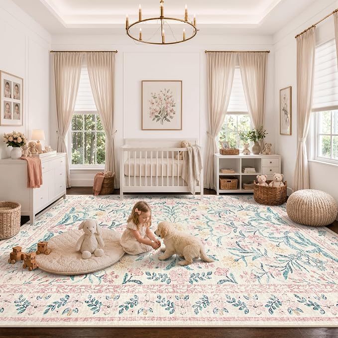 Wonnitar Machine Washable 10x14 Area Rugs, Large Living Room Rug Floral Pink - Image 3