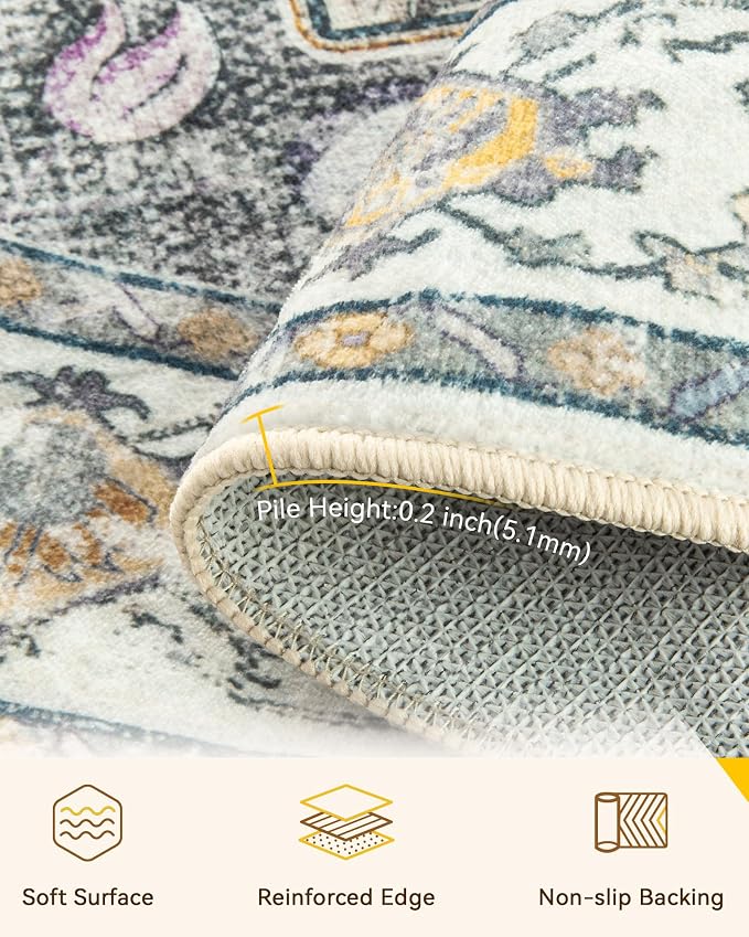 RELEANY Area Rugs Round 10ft Washable Non-Slip, Floral Vintage Distress - Image 4