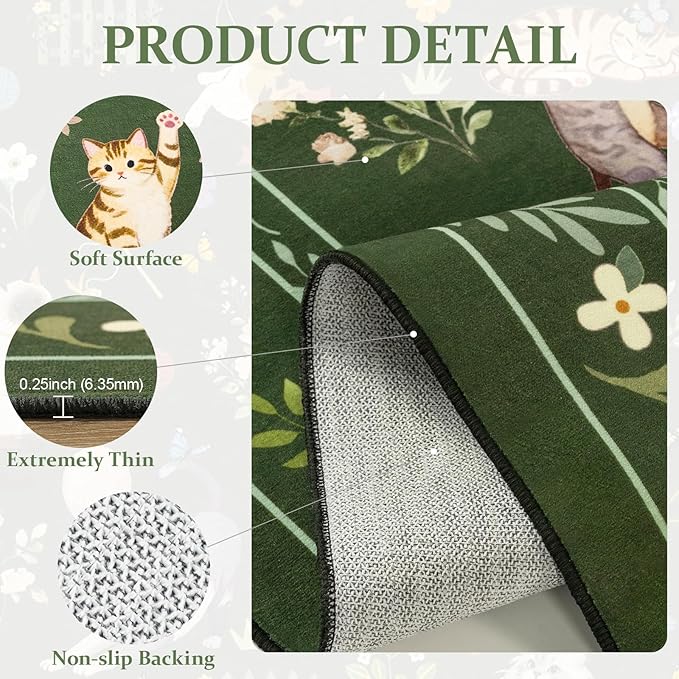 Unirea 4x4 Dark Green Cat Round Area Rugs, Washable Soft Non Slip Circle Rug - Image 4