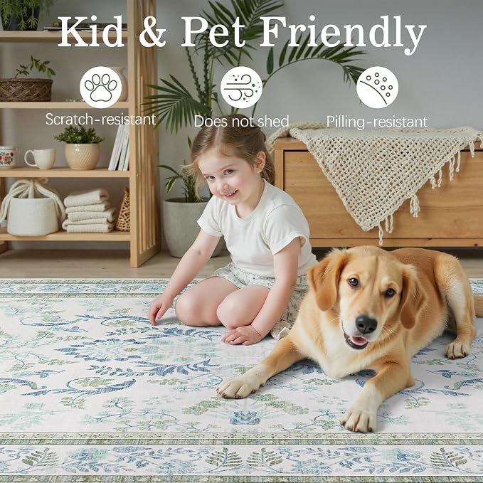 DCX Area Rug 4x4 Botanical Floral Washable Rugs in Green and Blue Soft Non Slip - Image 3