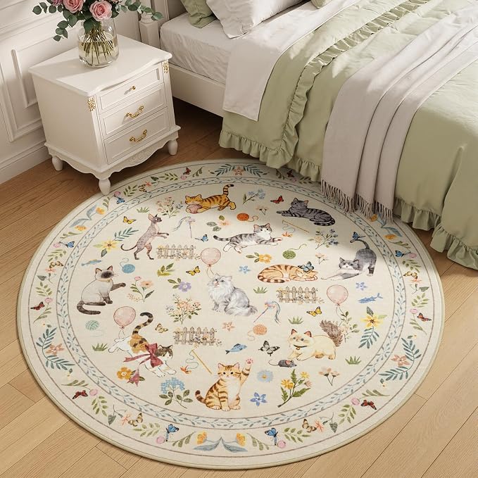 Unirea 4x4 Beige Cat Round Area Rugs, Washable Soft Non Slip Circle Rug - Image 7