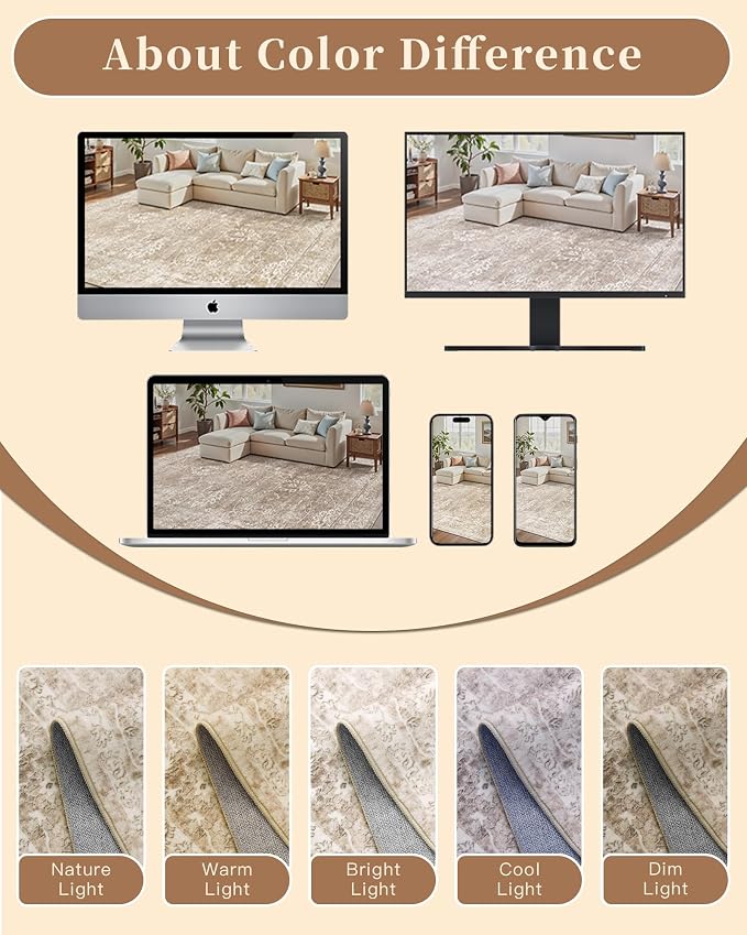 Madane Washable Round Rug 8ft for Living Room, Soft Ultra-Thin Non-Slip Vintage - Image 5