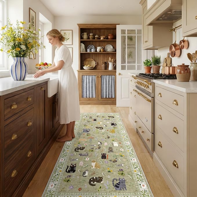 Washable 3x6 Kitchen Runner Rug: Non Slip Soft Low Pile Animal Cat Print Carpet - Image 2