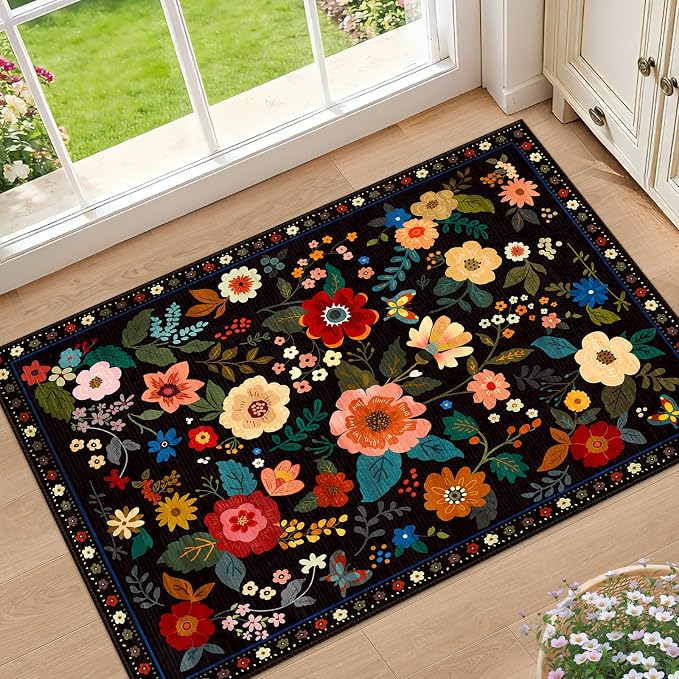 RELEANY Floral 2x3 Area Rugs Washable Print Boho Cute Carpet Non Slip Flower by RELEANY