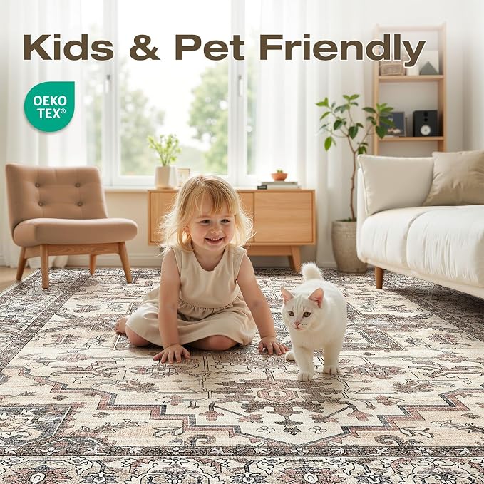 7x9 Area Rugs Living Room: Washable Vintage Rug Large Non-Slip Stain Resistant - Image 4