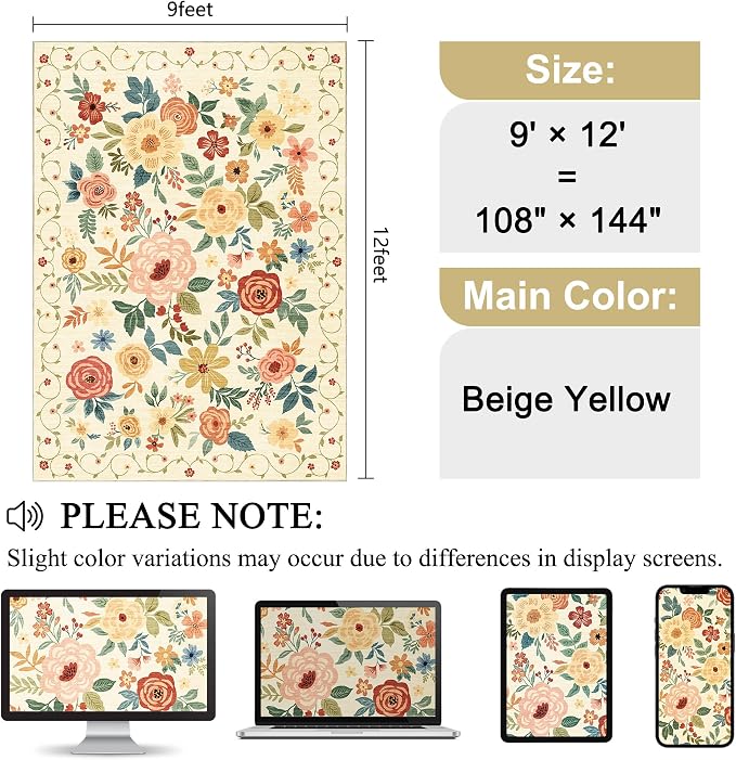 DUKINO 9x12 Area Rug, Floral Rugs - Image 2