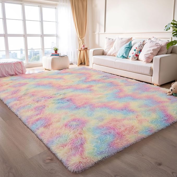 KICHOWUA Area Rug 5x7 Rainbow Fluffy Shag - Image 9