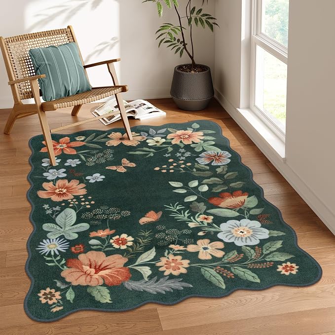 Lahome Floral Washable Rug- 4x6ft Green Bedroom Girls Ultra-Thin Soft Living by Lahome