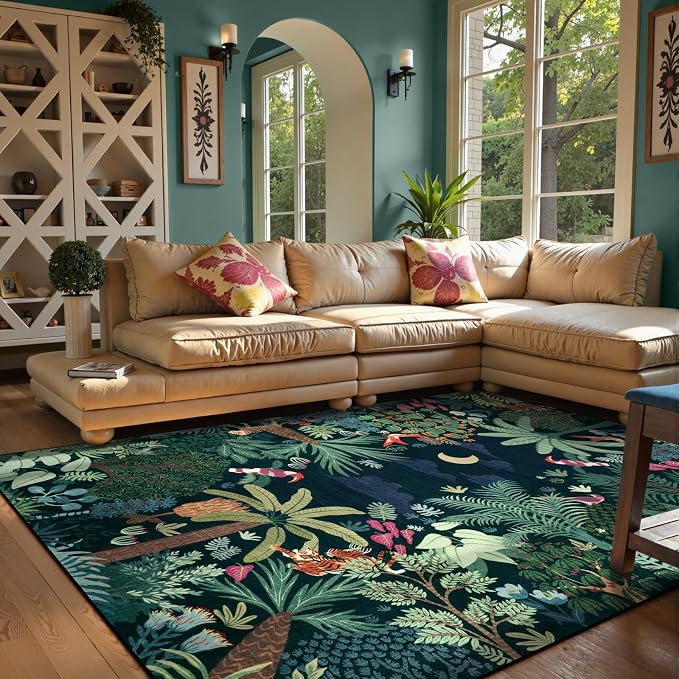 LIVEBOX Washable Bedroom Rug 8x10 Under Bed, Modern Stain Resistant Dark Green - Image 2