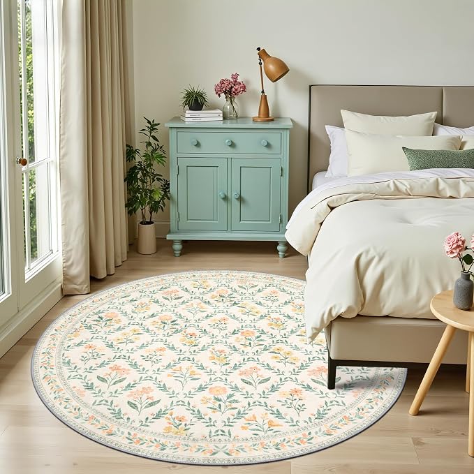 Round Area Rug for Living Room: 6 ft Floral Washable Circle Rug Soft Non-Slip - Image 3