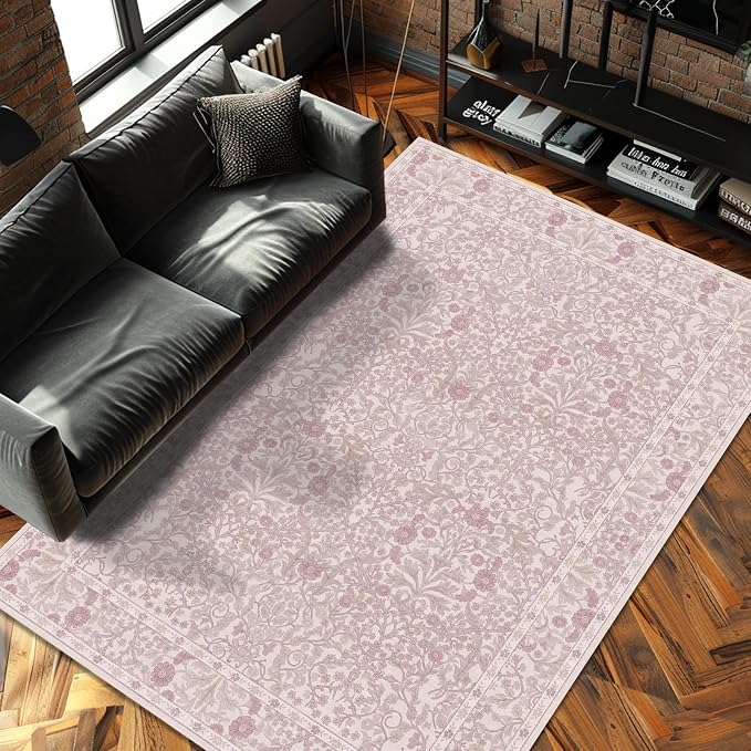 Vintage Pink Living Room Rug, 5x7 Washable Area Rugs by Unknown