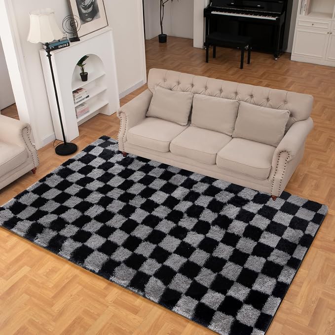 Super Soft Rug for Bedroom, 6x9 Ft Grey and Black Area Rug Classic Checkered - Image 5