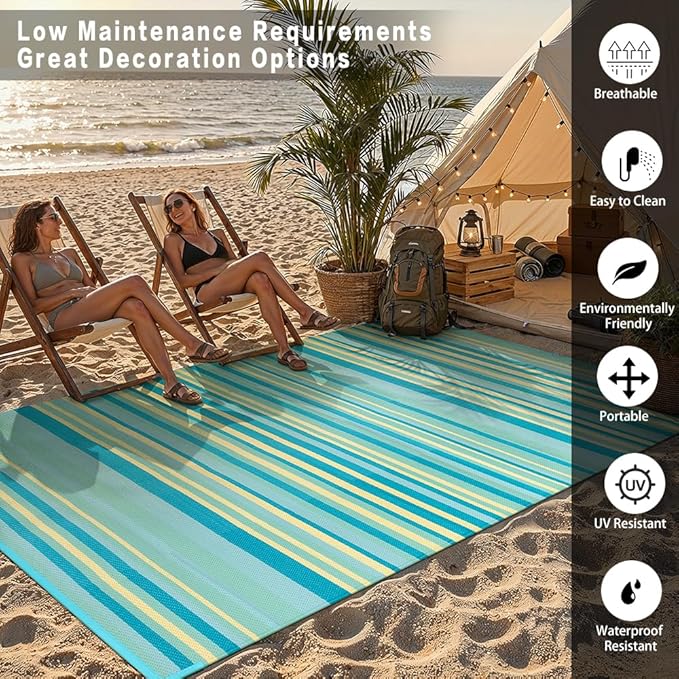 Outdoor Plastic Straw Rug Waterproof Patio 5x8 Teal Yellow Stripe Mat - Image 4