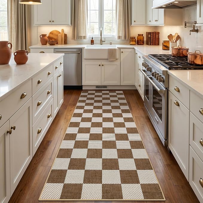 GarveeHome Checkered Terracotta Brown 2x3 Washbale Rug Door Mat Geometric - Image 2