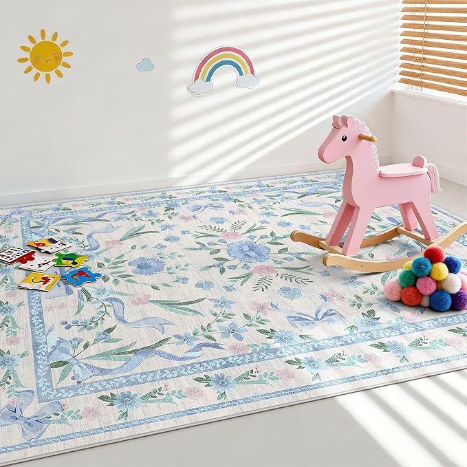Blue Floral Rug 3x5 for Girls Bedroom or Nursery, Cute Bow Washable Area Rug - Image 8
