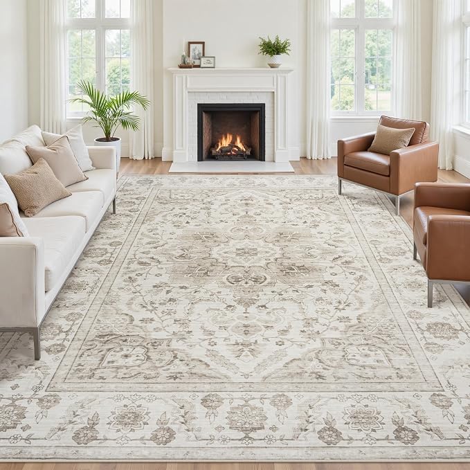 8x10 Area Rugs for Living Room:Beige Washable Vintage Medallion Carpet Non-Slip - Image 3