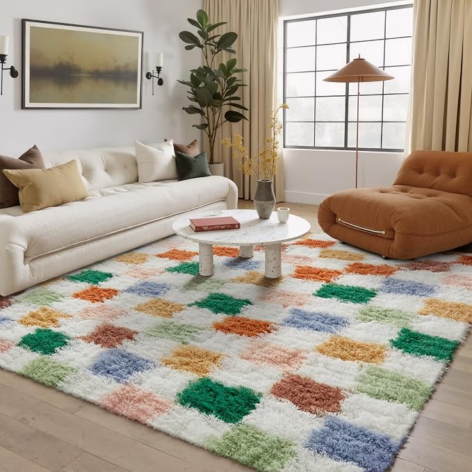 PureCozy Checkered Rug 5x7 for Living Room, Modern Neutral Shag Rug Super Soft by PureCozy