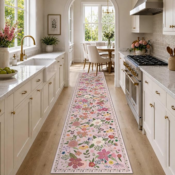 Latte&Fog Pink Hallway Runner Rug 2x10, Non Slip Washable Floral Runner Rugs - Image 2