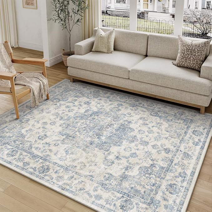 5x7 Washable Neutral Area Rug Blue Vintage Living Room Bedroom Carpet Non-Slip - Image 3