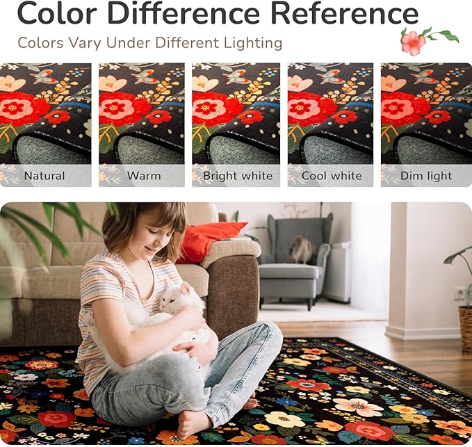 5x7 Area Rugs for Living Room Vacuum-Friendly Machine Washable Area Rug Flower - Image 7