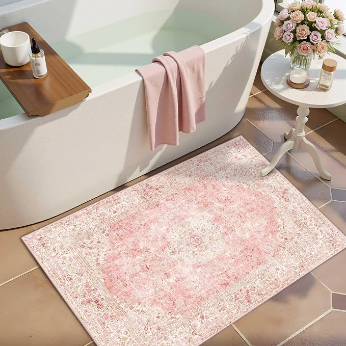 Latte&Fog Entryway Pink Rug, Vintage Floral 2x3 Washable Area Rugs - Image 3