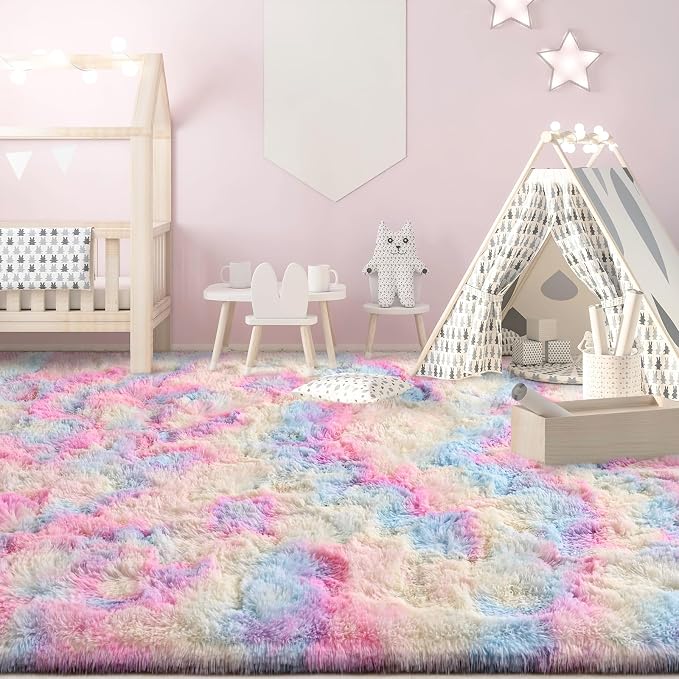 FlyDOIT Large Area Rugs for Living Room, 4x6 Feet Tie-Dyed Rainbow Shaggy Rug - Image 4