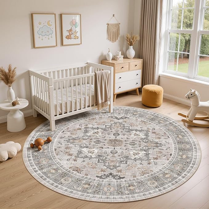 6ft Round Area Rug: Washable Vintage Neutral Soft Non Slip Thin Large Floor - Image 4