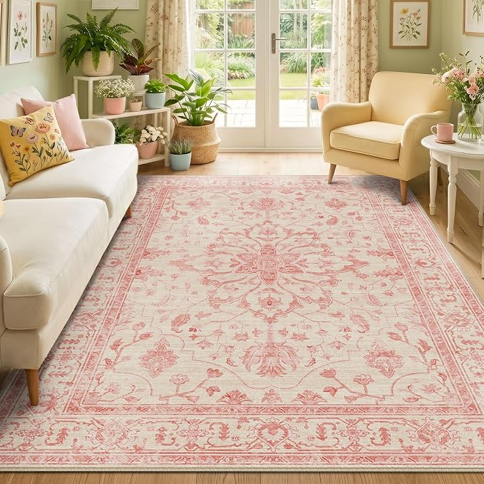 RELEANY Area Rugs 5'x7' Washable Non-Slip, Floral Vintage Distress Medallion by RELEANY