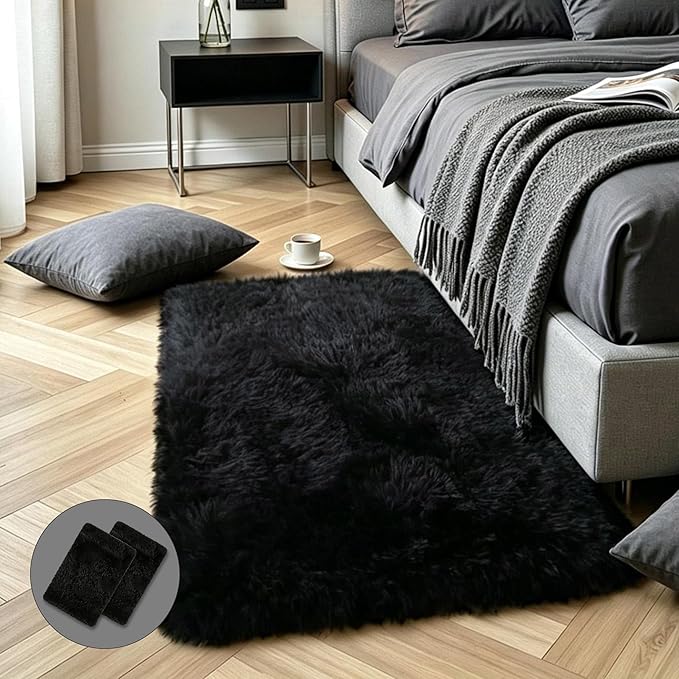 2x3 Black Fluffy Shag Rug for Bedroom, Soft Plush Fuzzy Washable Non Slip Floor by KICHOWUA