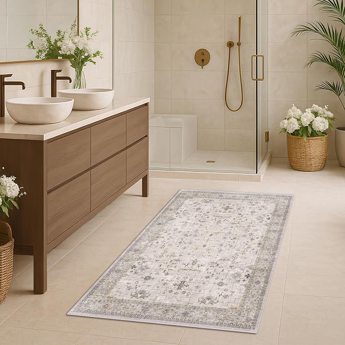Light Grey 3x5 Large Boho Bathroom Rug by HazoHaus