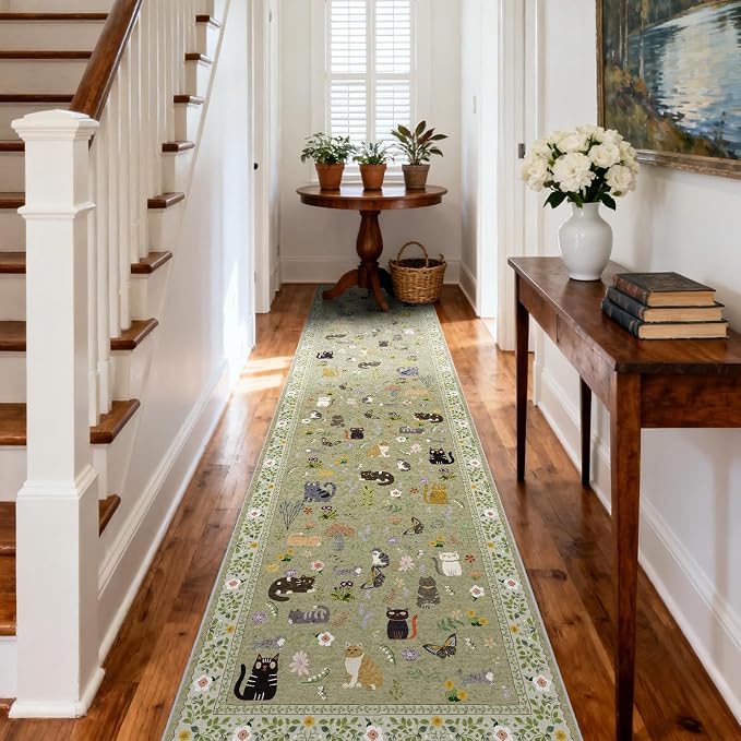 Washable 2x10 Hallway Runner Rug: Non Slip Soft Long Low Pile Animal Cat Print - Image 2