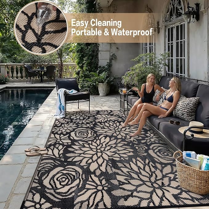 Outdoor Plastic Straw Rug Waterproof Patio 8x10 Black Brown Floral Mat - Image 7