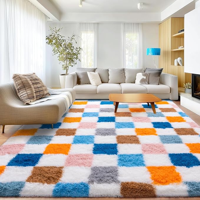 Checkered 8x10 Area Rugs for Living Room, Ultra Soft Fluffy Large Shaggy Rug - Image 6