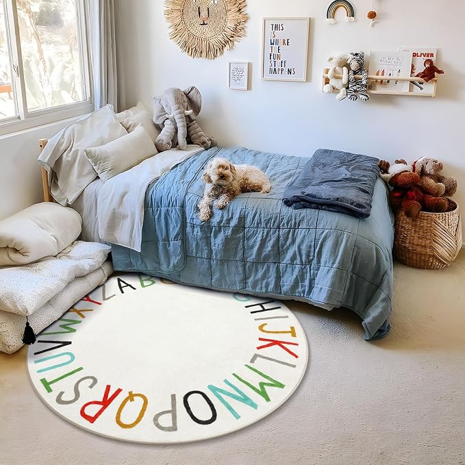 Topotdor Rainbow Round Kids Play Rug Alphabet Nursery Area Rug Extra Large Soft - Image 8