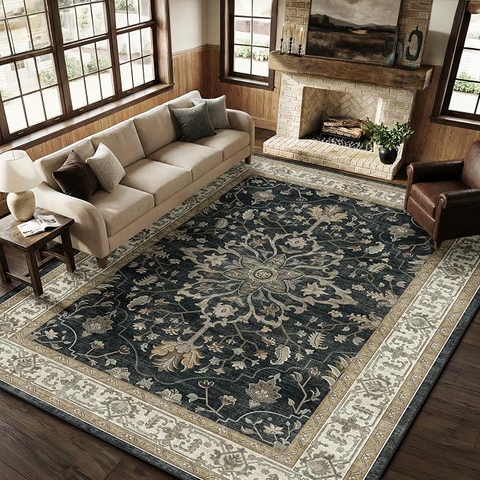 RELEANY Area Rugs Large 9'x12' Washable Non-Slip, Floral Vintage Distress - Image 2