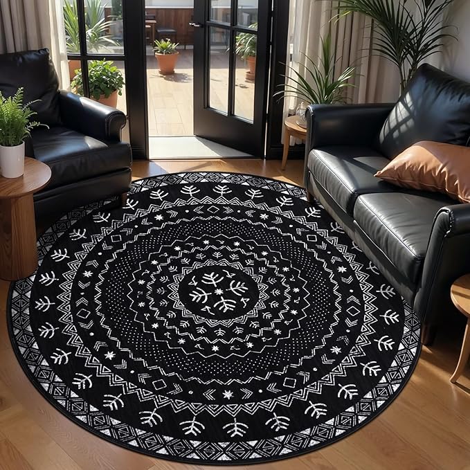 SERISSA Round Area Rug, 4ft Washable Non-Slip Black and White Boho Circle Rug - Image 2