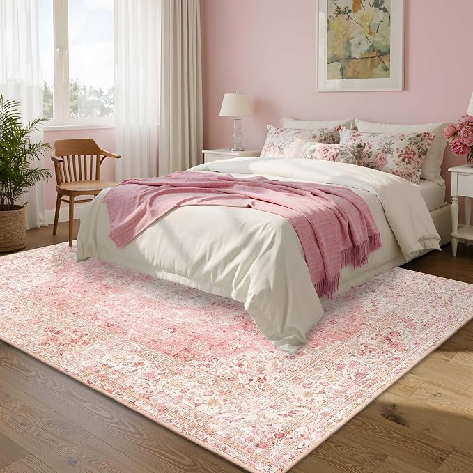 Latte&Fog Washable Pink Rug, Vintage 5x7 Area Rugs - Image 4