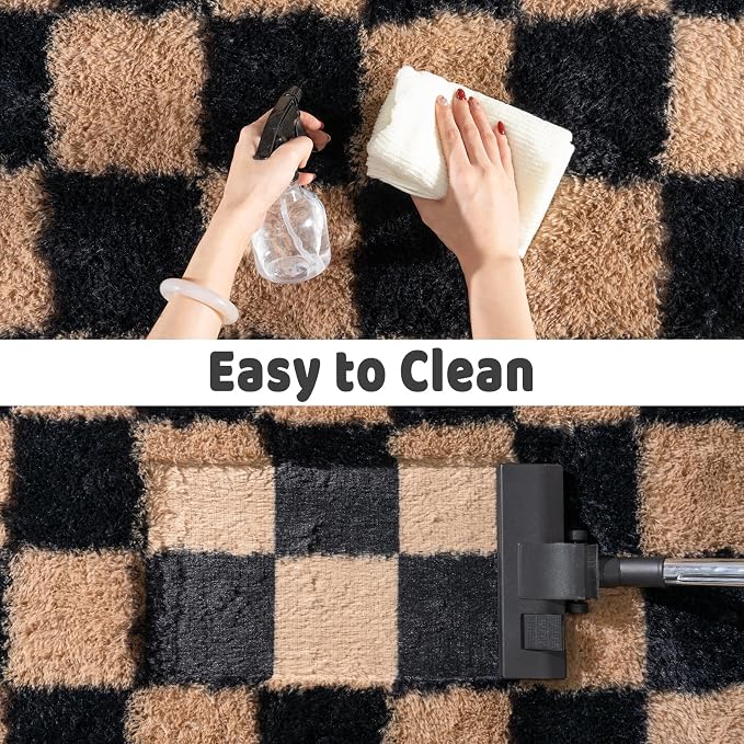 Shag Rugs for Living Room 5x7, Ultra Soft Checkered Black Beige Big Fuzzy Rugs - Image 7