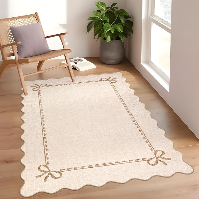 GarveeHome Scalloped Bow Rug for Living Room, Solid Beige Rug for Dorm - Image 4