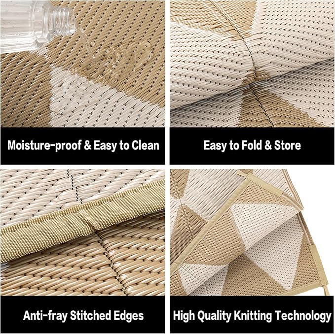 Outdoor Plastic Checkered Rug Waterproof Patio 6x9 Beige Brown Diamond Geometry - Image 7