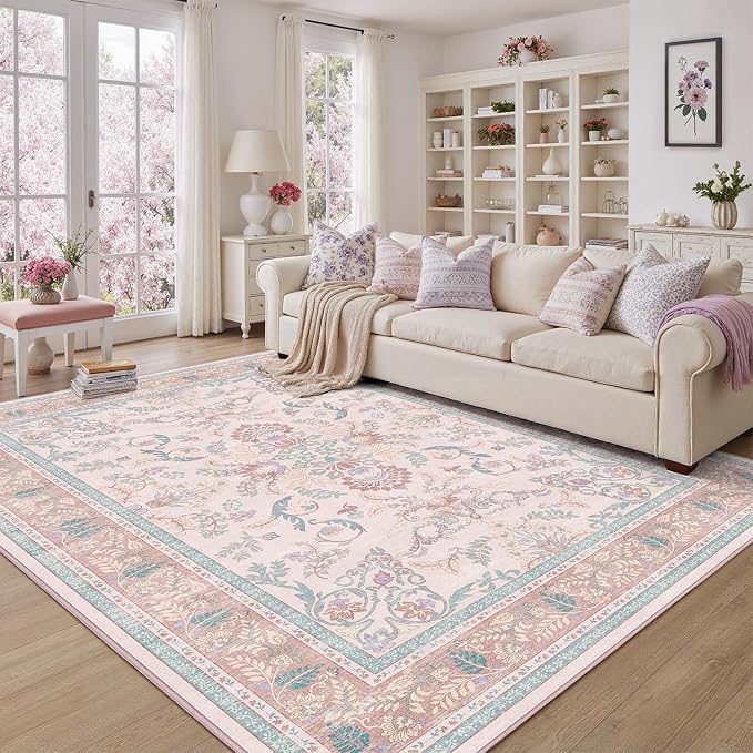 DCX 9x12 Pink Vintage Floral Rug, Machine Washable Non Slip Low Pile Carpet - Image 2