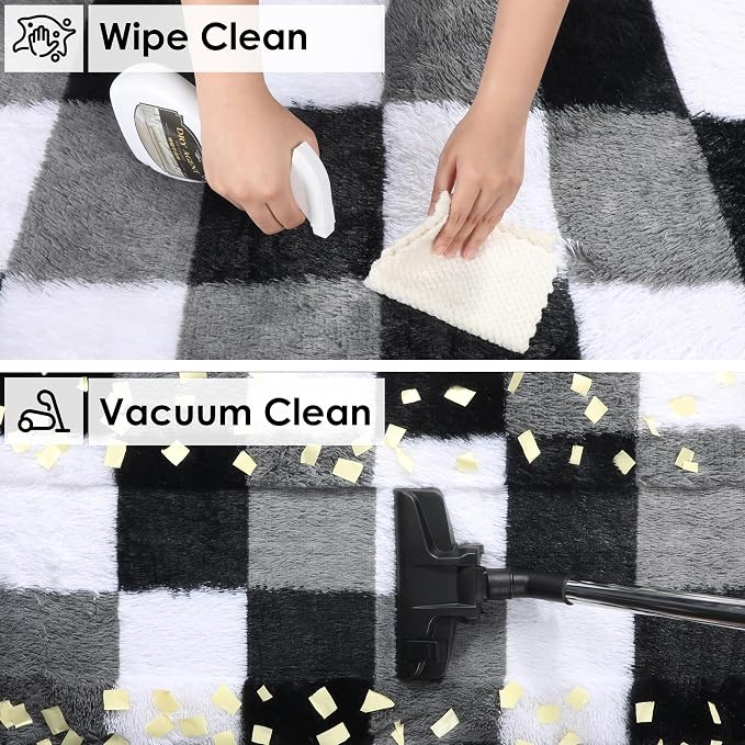 KICMOR Living Room Rugs 5x8, Fluffy Shag Fuzzy Plush Black White Grey Checkered - Image 4