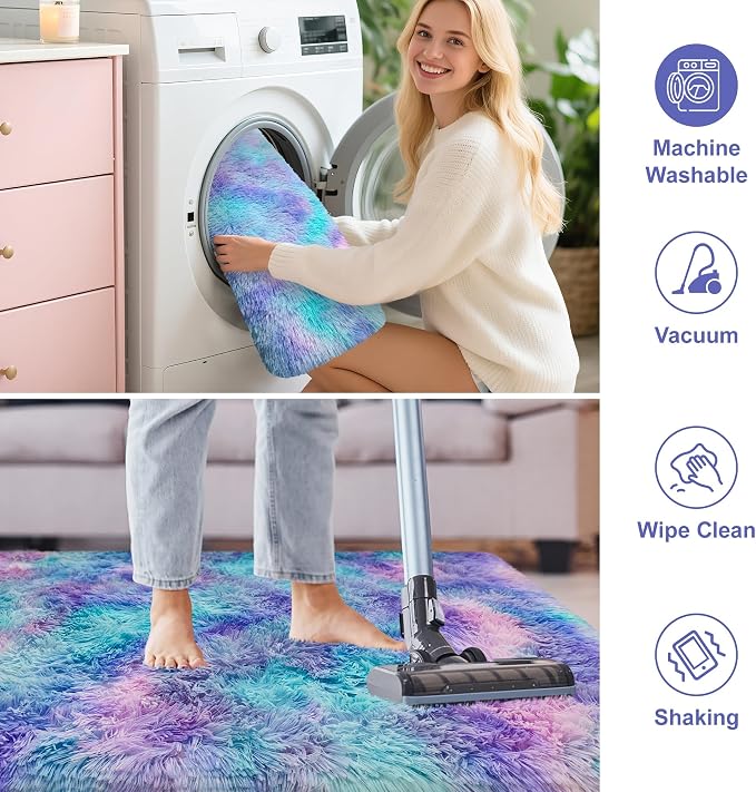 Soft Fluffy Purple Rainbow Rug for Bedroom Kids 6x9 Mermaid Stitch Rugs for - Image 6