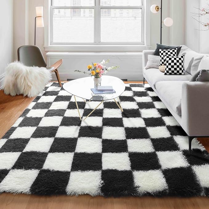KICMOR Rugs for Living Room, 5x8 Area Rug Black and White Fluffy Shag Soft by KICMOR