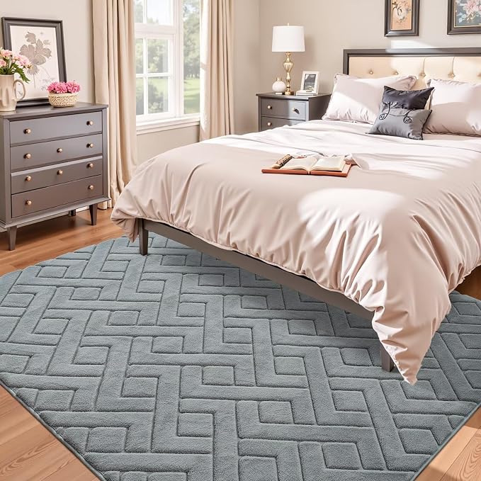 5x7 Grey Washable Area Rug for Bedroom Living Room, Modern Geometric Shag - Image 2